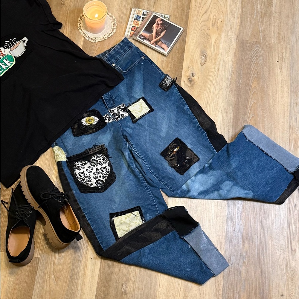 Upcycled Patchwork Jeans with Black Denim Patches Floral Accents & Heart Pockets